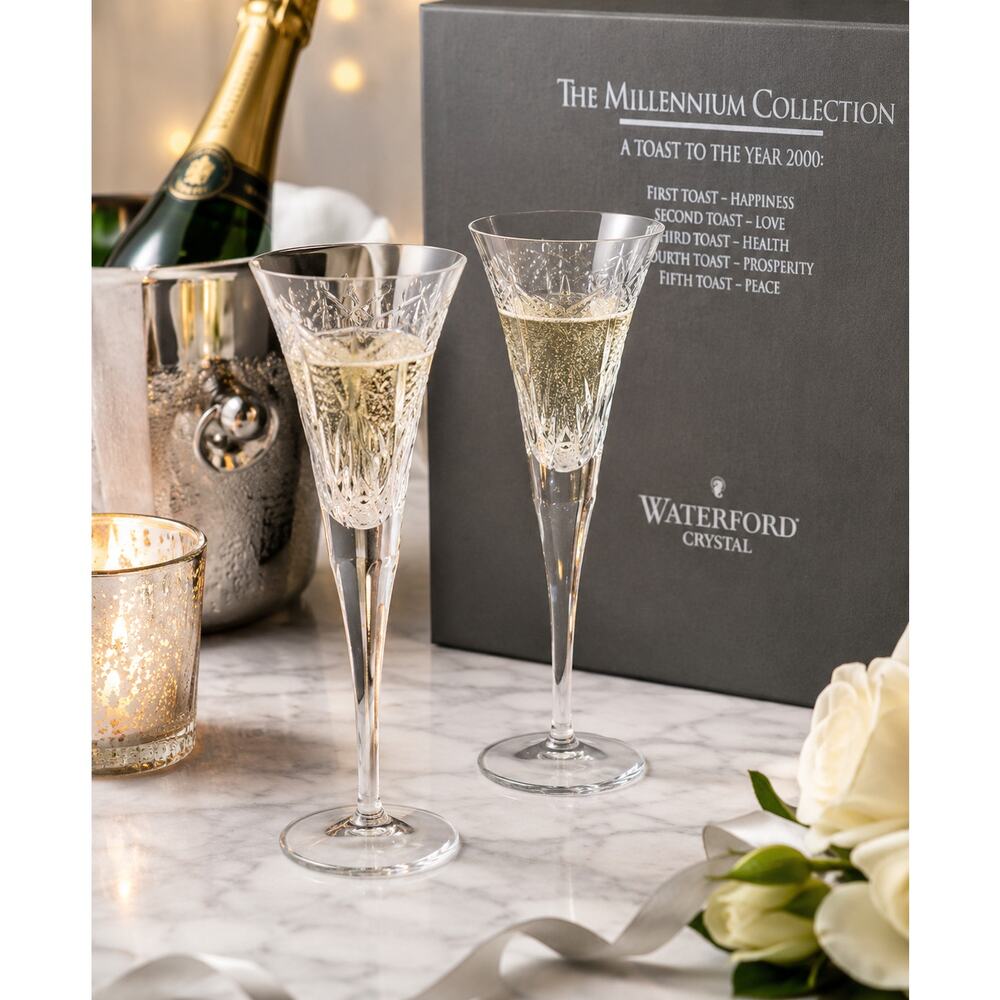 Waterford Millennium Collection First Toast Crystal Champagne Flutes w Box